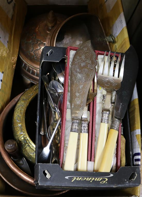 A quanity of mixed copper, plated cutlery etc